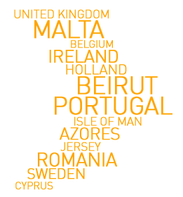 UK, Malta, Belgium, Ireland, Holland, Beirut, Isle Of Man, Algarve, Azores. Jersey, Romania